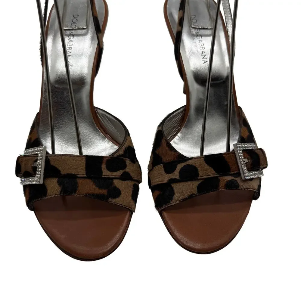 Dolce & Gabbana Leopard Calf Hair Rhinestone Buckle Strappy Heels 37.5 Y2K 2000s